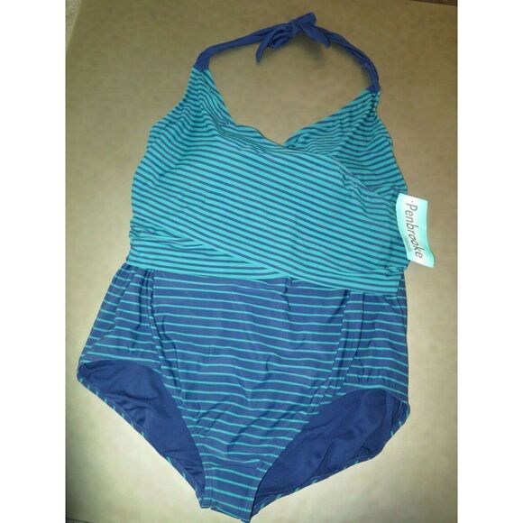 Penbrooke TTSP19105 24W-26W (3XL) Blue Green Striped Slimming Swimsuit 1-Piece - Picture 1 of 6